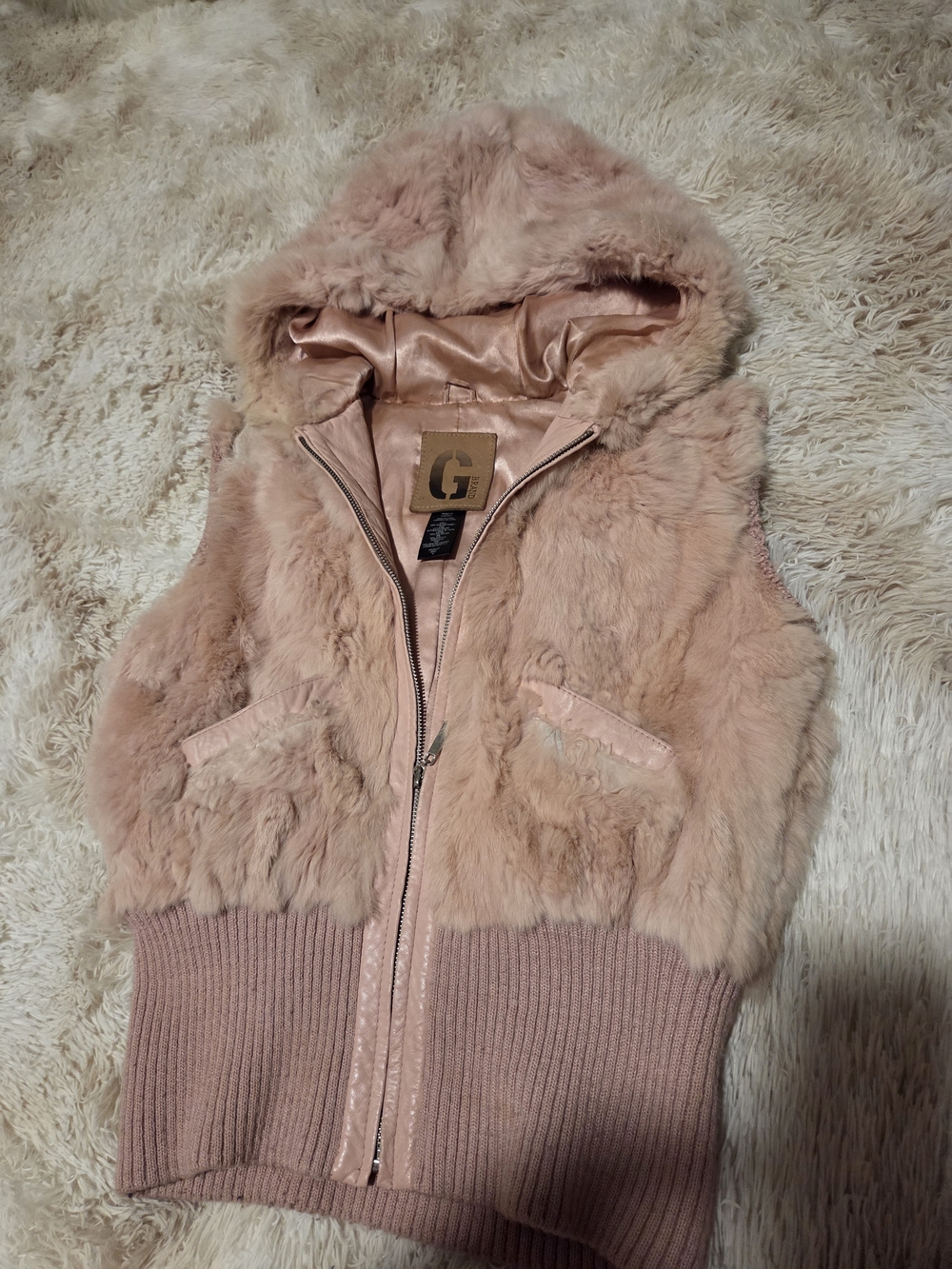 Vintage G by Guess Blush Pink Real Rabbit Fur Hooded Vest- Y2K